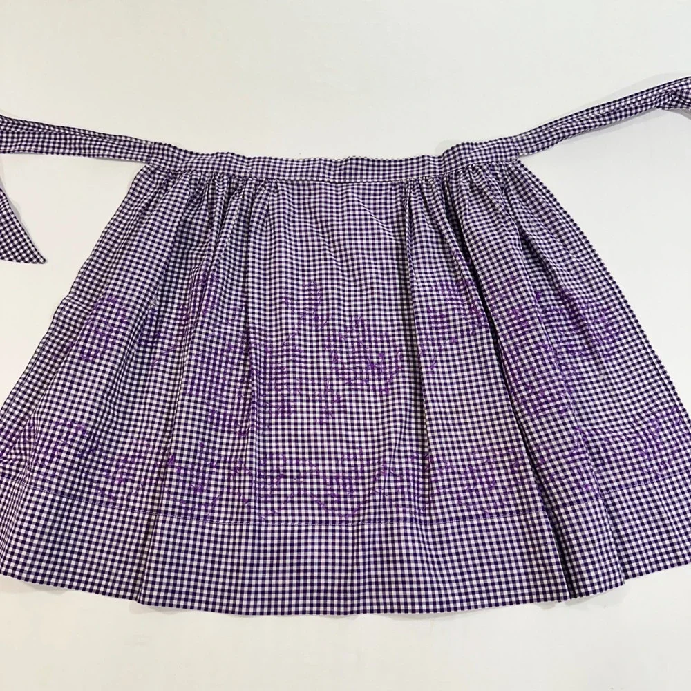 Vintage Purple Gingham Half Apron Hand Embroidered Floral Cottagecore Cotton